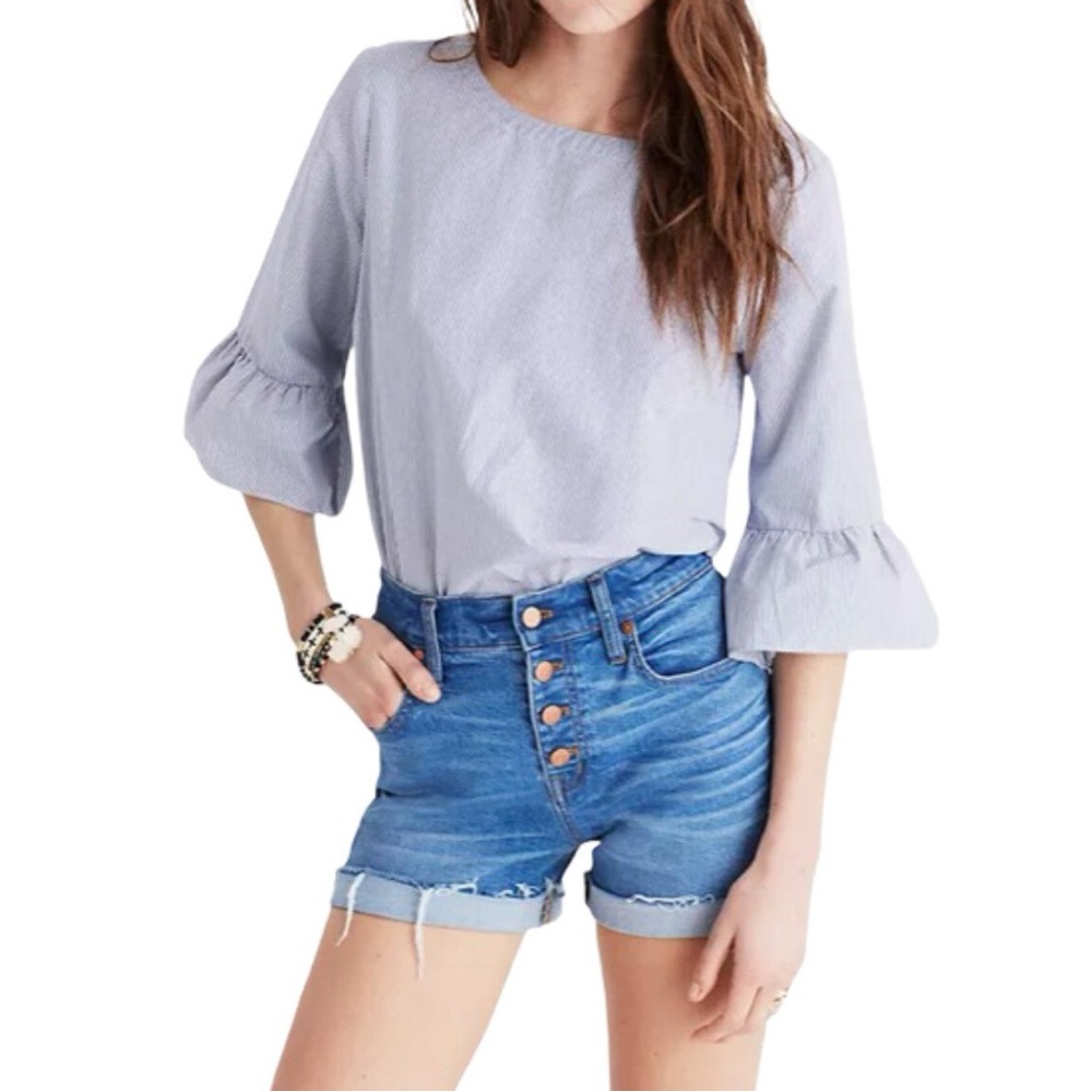 Madewell Bell Sleeve Blue/White Striped Blouse Size Large 100% Cotton